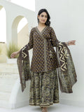 Angrakha Style Kurta and Sharara Brown Floral and Paisley Cotton Suit Set