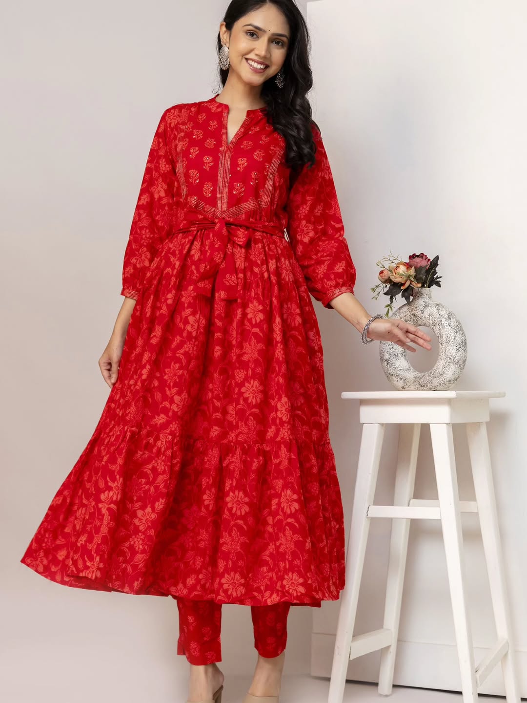 Women's Ruby Red Floral Print Tiered Anarkali Kurta Set with Waist Belt and Dupatta