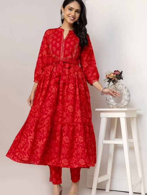 Women's Ruby Red Floral Print Tiered Anarkali Kurta Set with Waist Belt and Dupatta