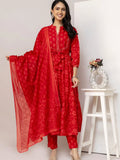 Women's Ruby Red Floral Print Tiered Anarkali Kurta Set with Waist Belt and Dupatta