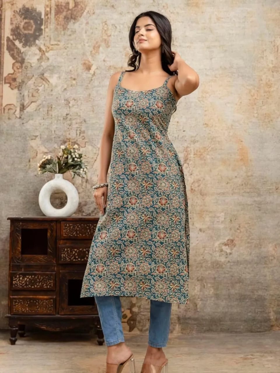 Teal Blue Floral Print Spaghetti Strap Straight Kurta