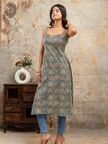 Teal Blue Floral Print Spaghetti Strap Straight Kurta