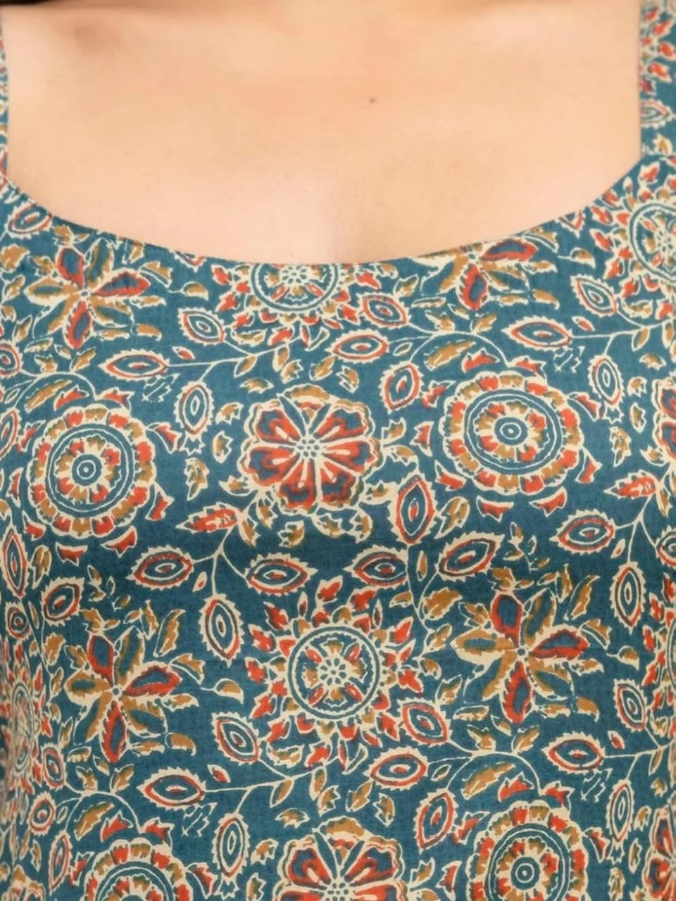 Teal Blue Floral Print Spaghetti Strap Straight Kurta