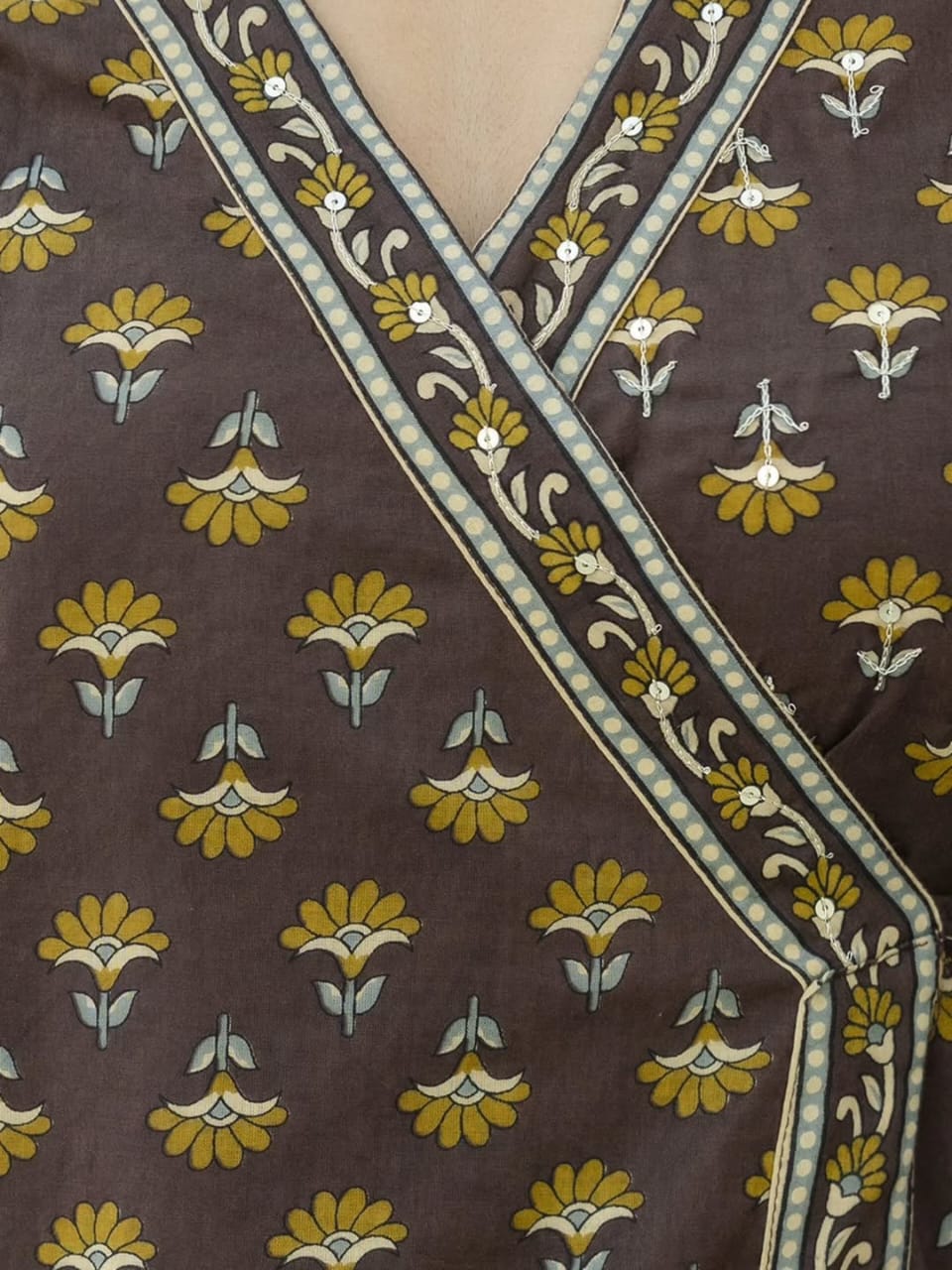 Angrakha Style Kurta and Sharara Brown Floral and Paisley Cotton Suit Set