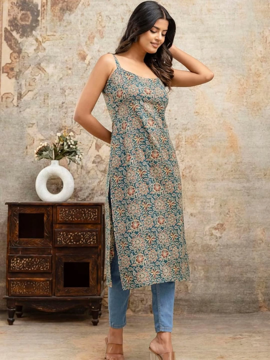 Teal Blue Floral Print Spaghetti Strap Straight Kurta