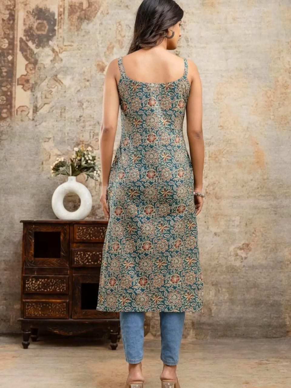 Teal Blue Floral Print Spaghetti Strap Straight Kurta
