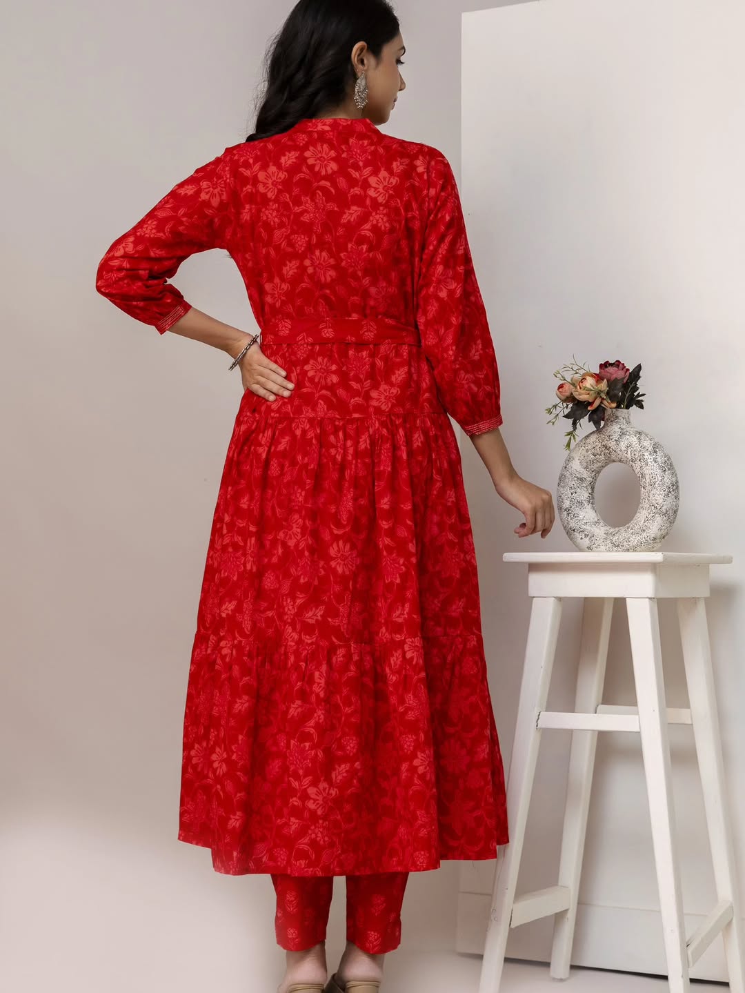 Women's Ruby Red Floral Print Tiered Anarkali Kurta Set with Waist Belt and Dupatta