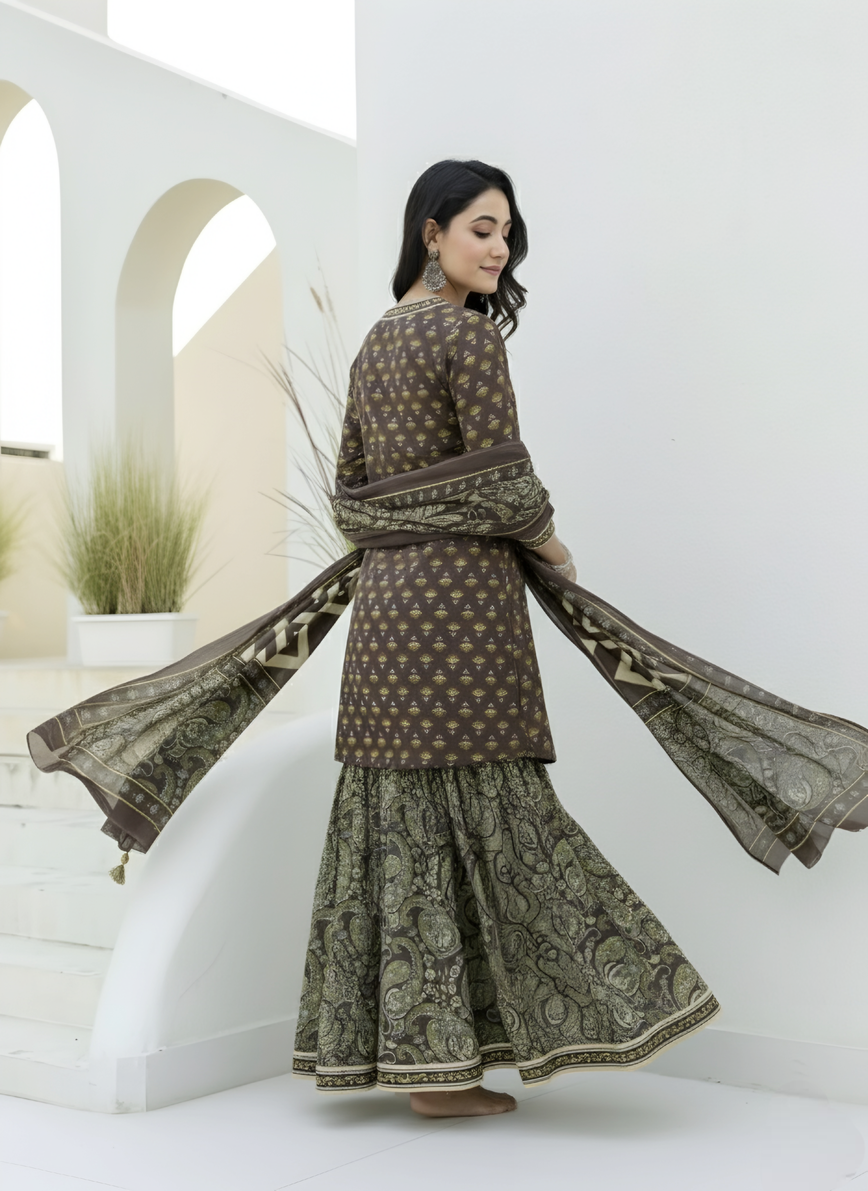 Angrakha Style Kurta and Sharara Brown Floral and Paisley Cotton Suit Set