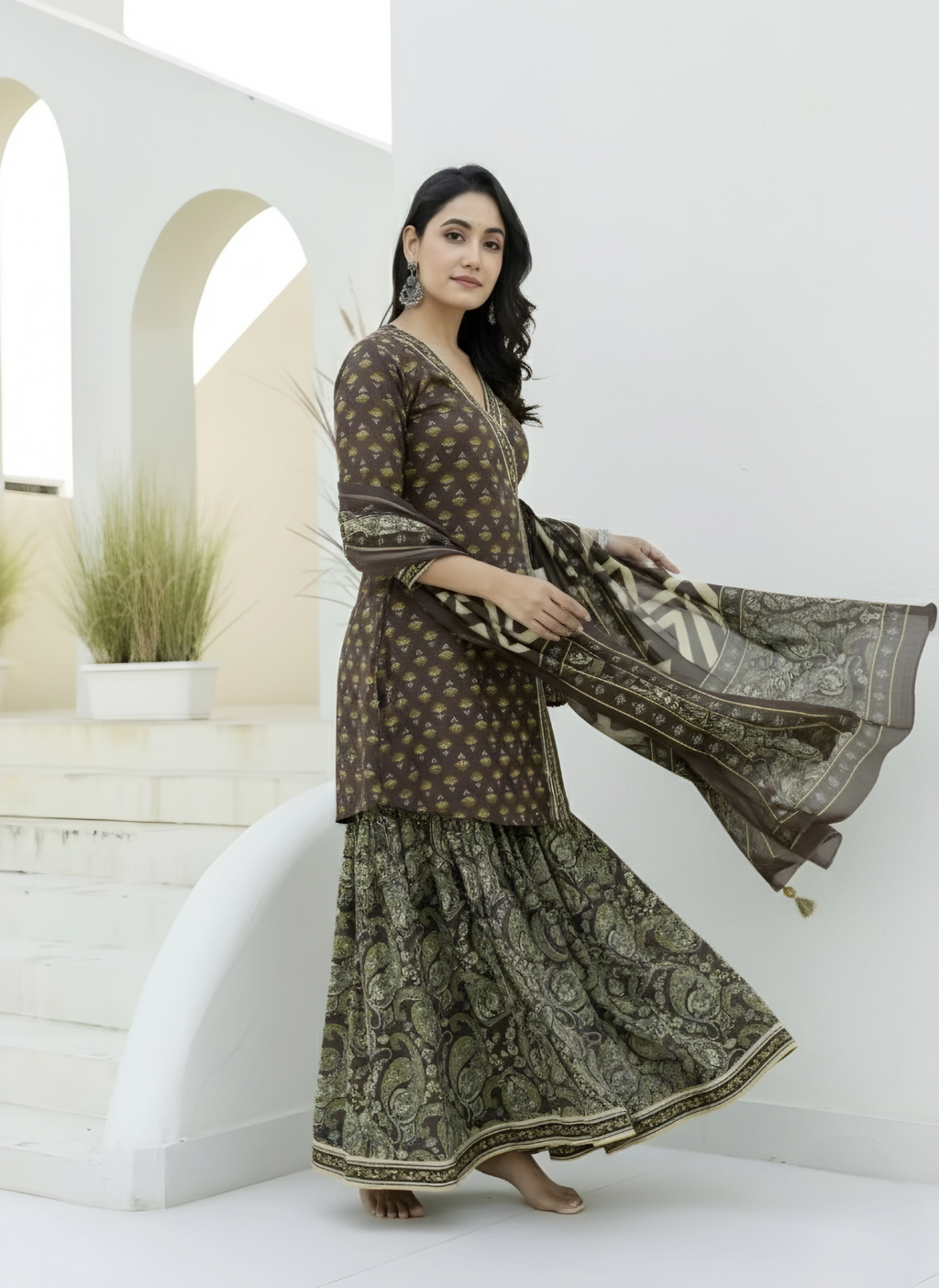 Angrakha Style Kurta and Sharara Brown Floral and Paisley Cotton Suit Set